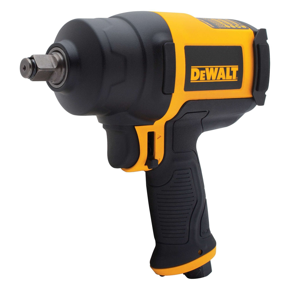 Detailed profile view of the DEWALT pneumatic impact wrench highlighting the shock-resistant housing bumpers and the 1/2-inch square drive anvil designed for high-torque fastening and industrial maintenance.