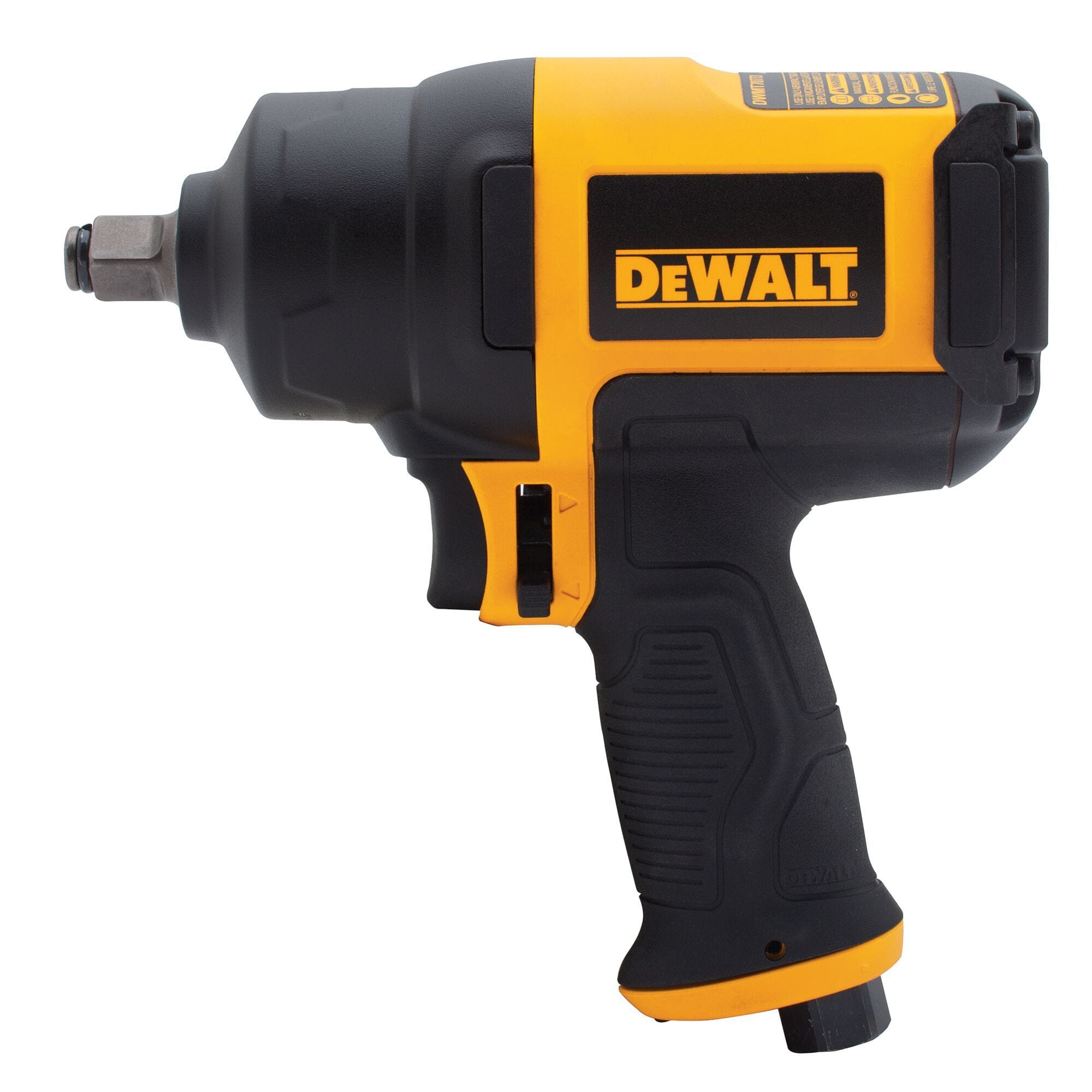 Close-up of the rear-mounted control dial on the DEWALT air impact wrench, showcasing the easy-access forward and reverse settings that allow for high-speed 7,500 RPM operation and 650 ft-lb of maximum breakaway torque.
