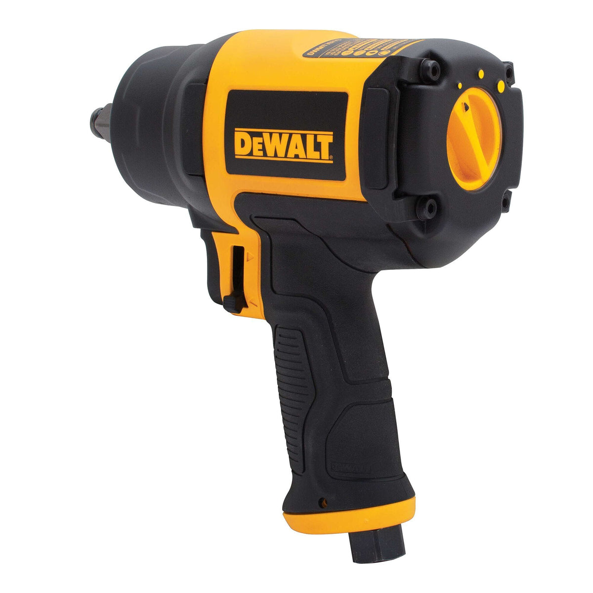 Bottom perspective of the DEWALT DWMT70773L pneumatic tool illustrating the standard 1/4-inch NPT air inlet and the high-flow exhaust ports located in the handle base to divert air away from the user during heavy-duty fastening.