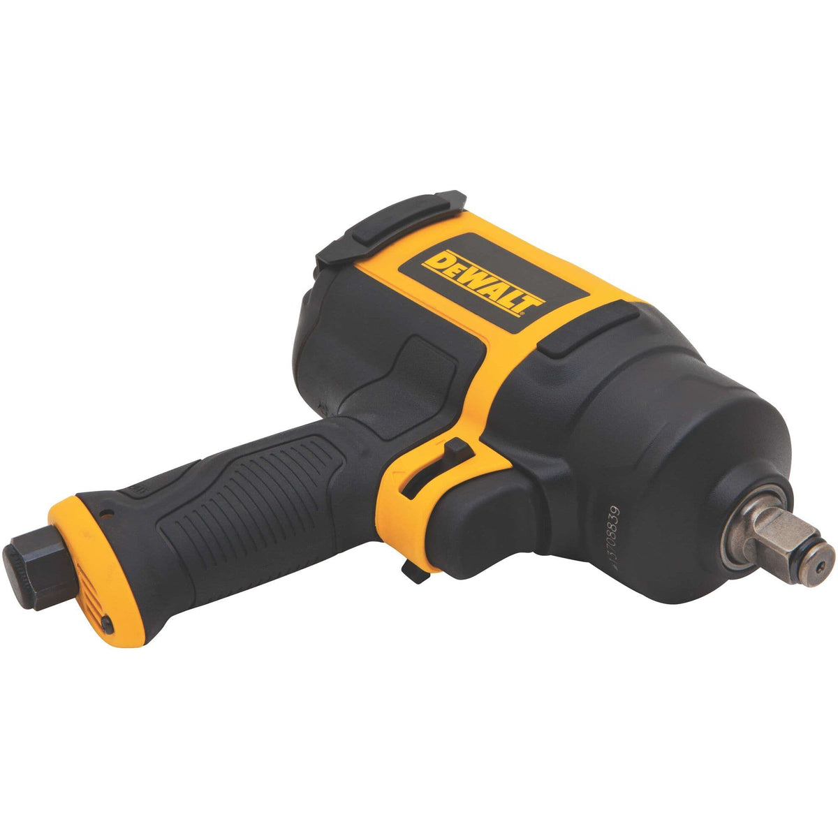 Isometric view of the DEWALT 1/2-inch air impact wrench emphasizing the compact head design and the rugged metal construction required for high-draw professional shop environments.