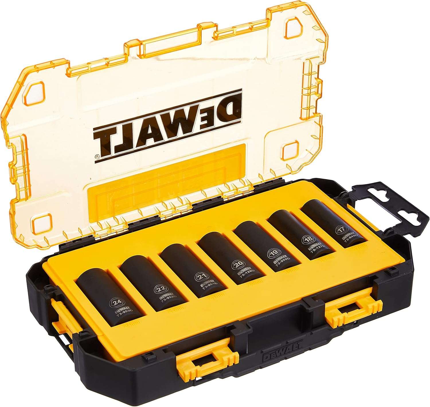 The open tough box case displaying the DEWALT 7-piece 1/2-inch drive metric deep impact socket set neatly organized in the removable yellow inner tray.