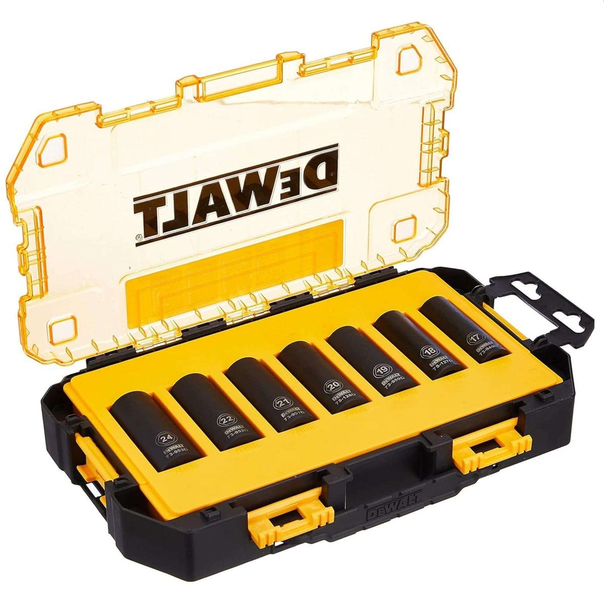 The open tough box case displaying the DEWALT 7-piece 1/2-inch drive metric deep impact socket set neatly organized in the removable yellow inner tray.