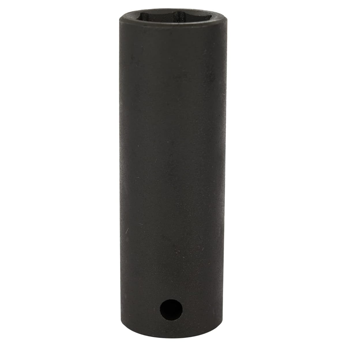 The reverse side of a DEWALT deep impact socket showing the retaining pin hole designed for secure attachment to an impact wrench anvil.