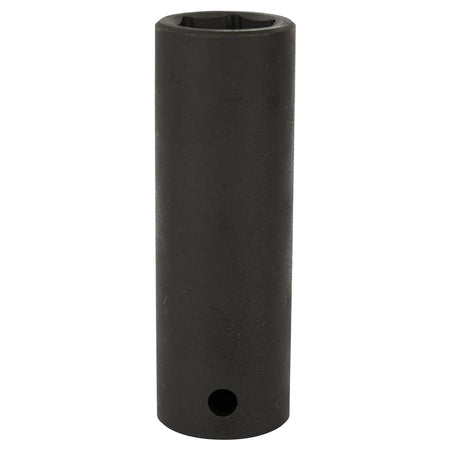 The reverse side of a DEWALT deep impact socket showing the retaining pin hole designed for secure attachment to an impact wrench anvil.
