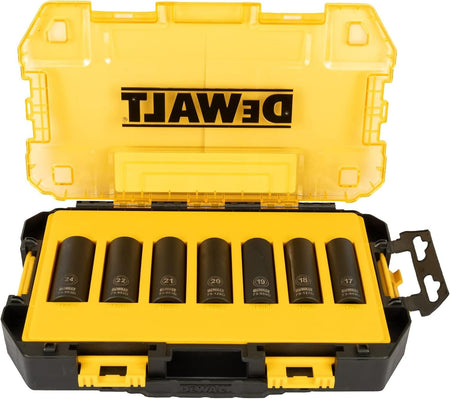 Top-down view of the DEWALT DWMT74737 metric deep impact socket set with the clear lid open, showcasing the black oxide sockets from 17mm to 24mm.