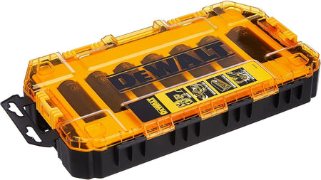 The closed locking stackable case for the DEWALT 7-piece metric deep impact socket set, featuring a clear top and durable black plastic base with yellow latches.
