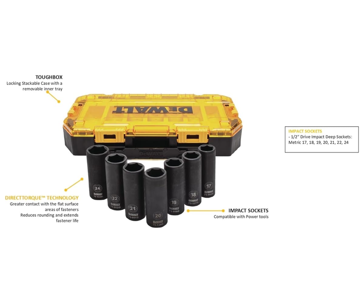 Features diagram of the DEWALT DWMT74737 socket set highlighting the DirectTorque technology, the 1/2-inch drive deep impact sockets, and the locking stackable Toughbox case.