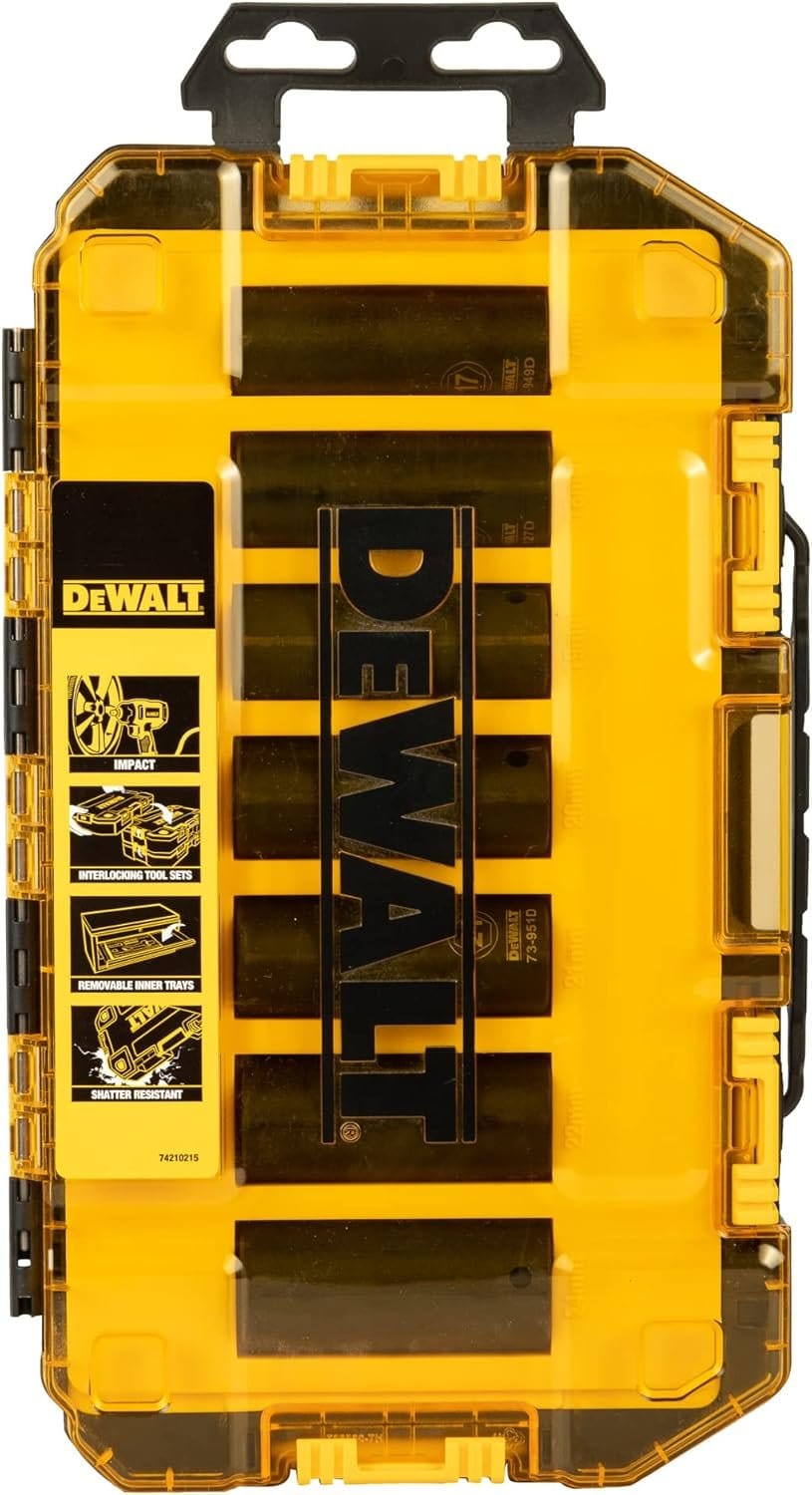 Top view of the closed DEWALT stackable storage case showing the large DEWALT logo and icons detailing impact readiness, interlocking design, and shatter resistance.