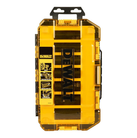 Vertical view of the closed DEWALT Toughbox storage case holding the 7-piece metric deep impact socket set securely inside.