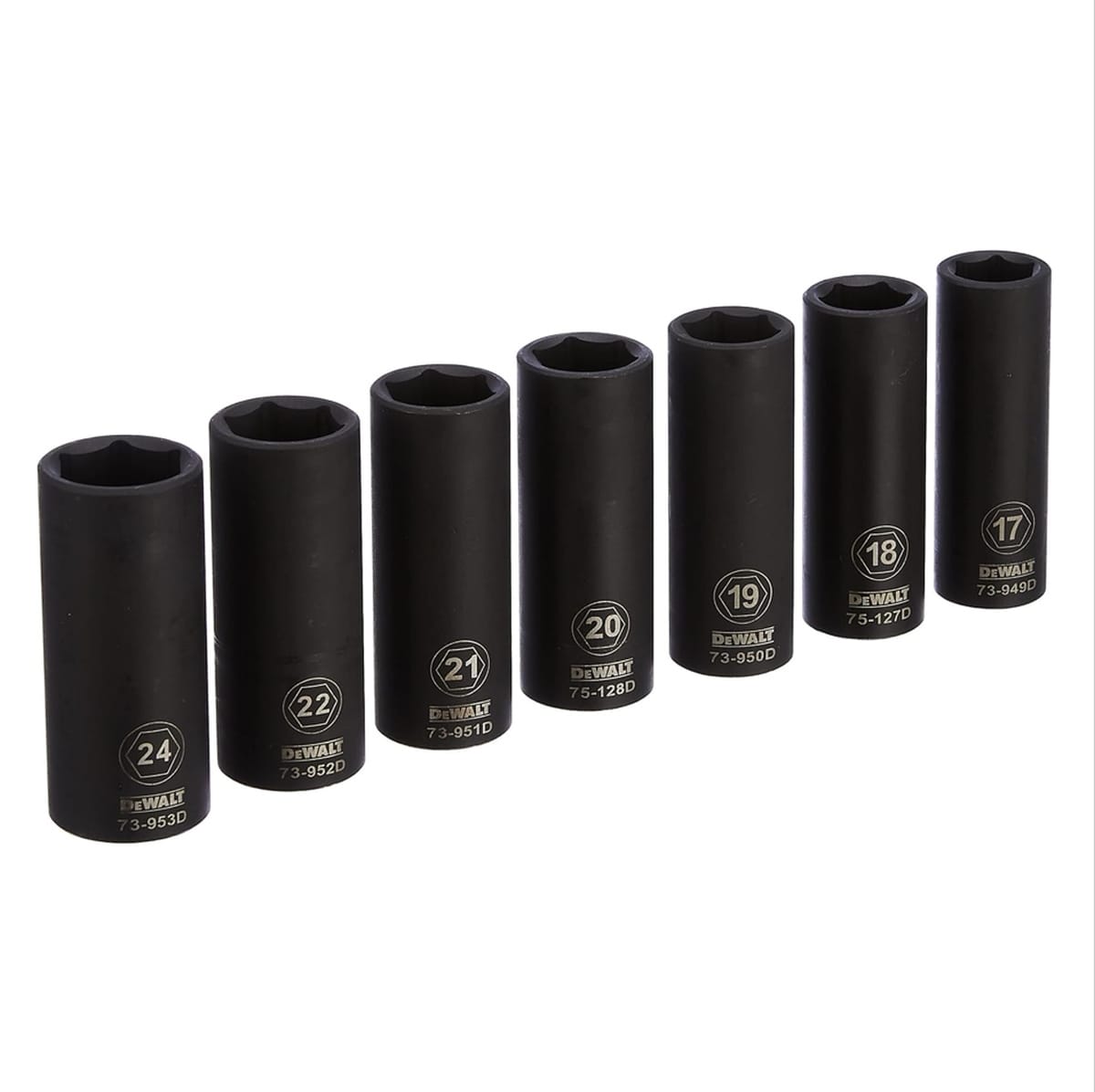 The 7 black oxide coated metric deep impact sockets from the DEWALT DWMT74737 set lined up in order of size, from 17mm to 24mm.