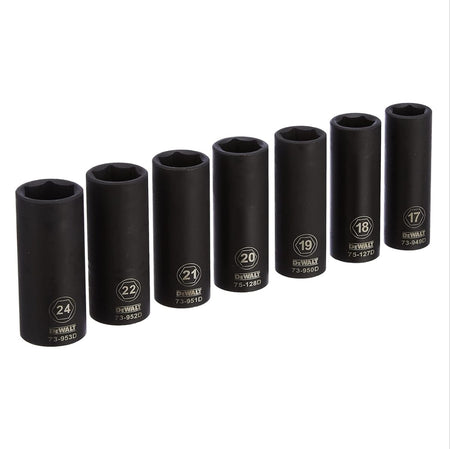 The 7 black oxide coated metric deep impact sockets from the DEWALT DWMT74737 set lined up in order of size, from 17mm to 24mm.