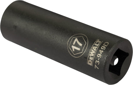 Close up view of the DEWALT 17mm metric deep impact socket showing the high-visibility laser-etched size marking and part number.
