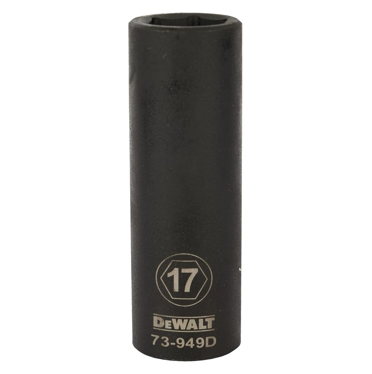 Upright view of the DEWALT 17mm deep impact socket showing the clear laser-etched sizing on the heat-treated CR440 steel body.