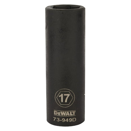 Upright view of the DEWALT 17mm deep impact socket showing the clear laser-etched sizing on the heat-treated CR440 steel body.