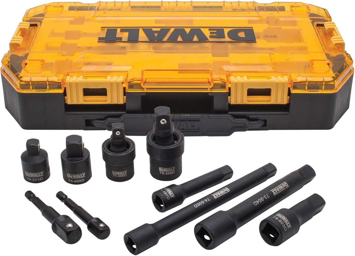 The DEWALT DWMT74741 10-piece impact driver accessory set displayed in front of its locking storage case, showing extensions, adapters, and universal joints.