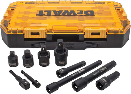 The DEWALT DWMT74741 10-piece impact driver accessory set displayed in front of its locking storage case, showing extensions, adapters, and universal joints.
