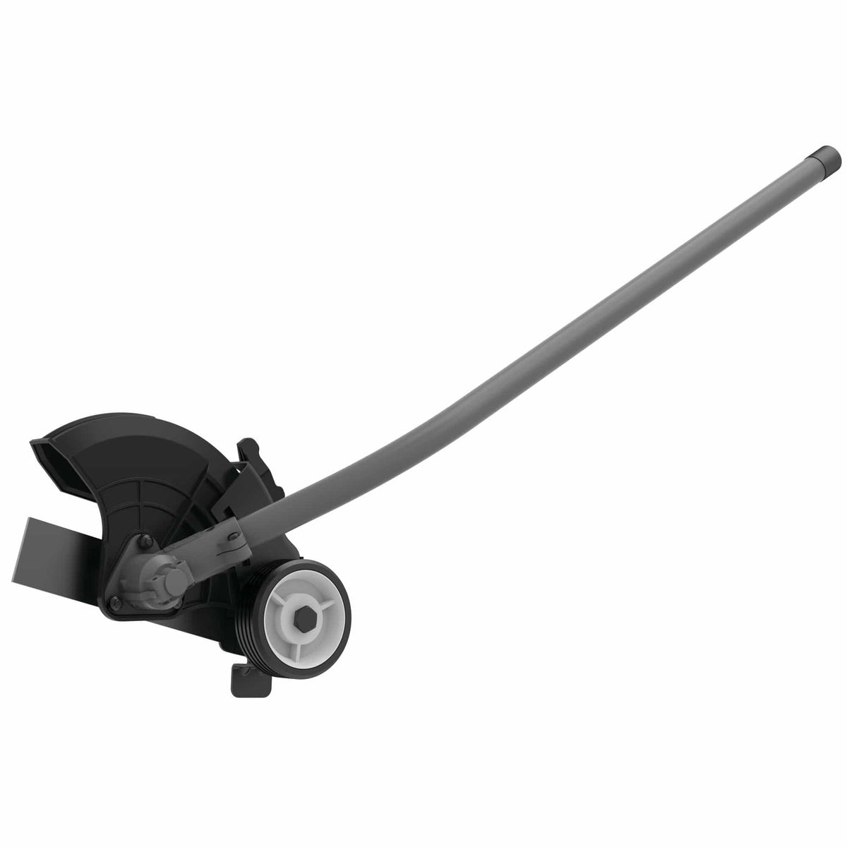 DEWALT DWOAS4ED Universal Edger Attachment featuring a durable black debris guard, a large white guide wheel for stability, and a high-performance 7.5-inch hardened steel blade for professional landscape grooming.