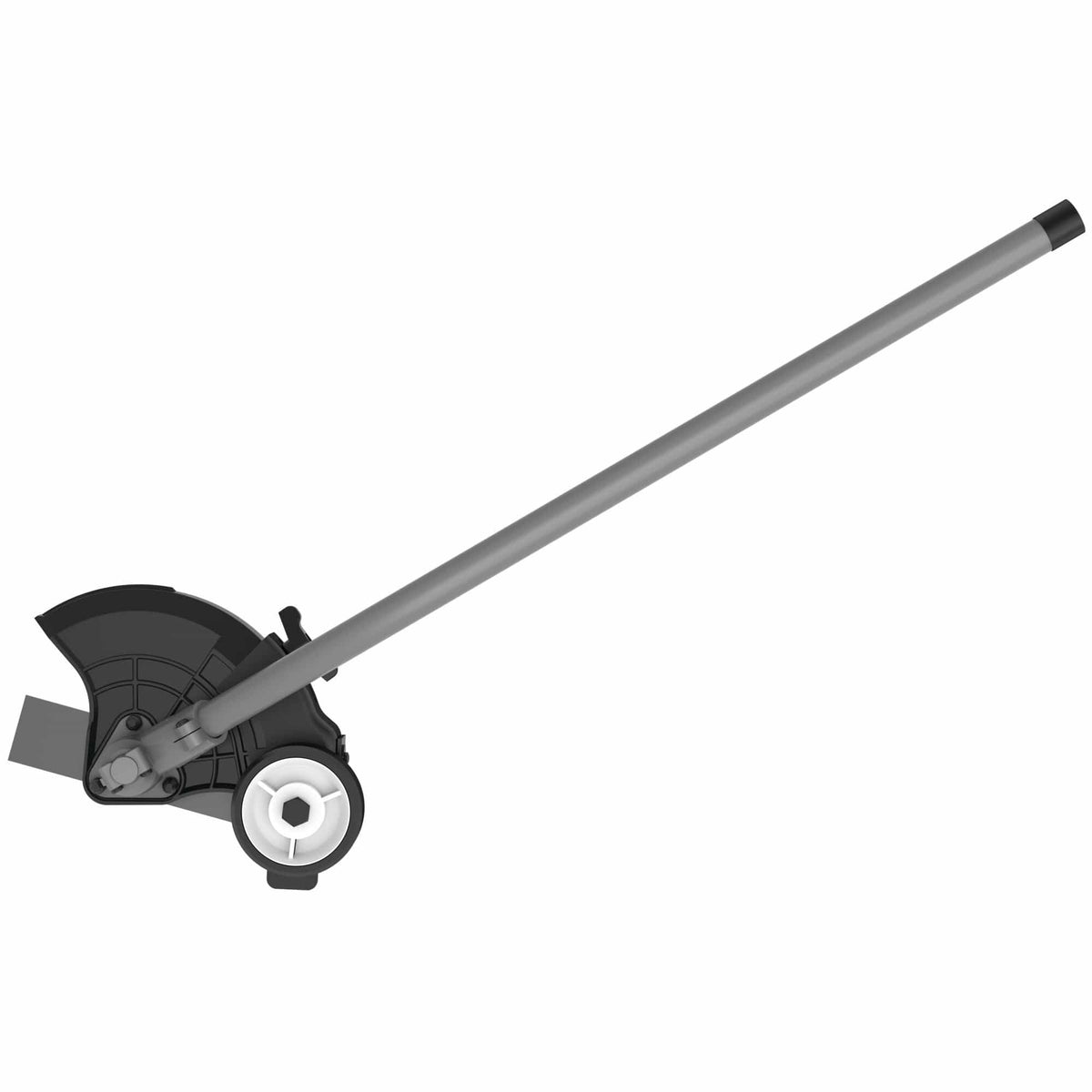 Side profile of the DEWALT DWOAS4ED Edger Attachment illustrating the straight shaft design and the adjustable depth mechanism that allows for precision lawn edging up to 2.5 inches deep.