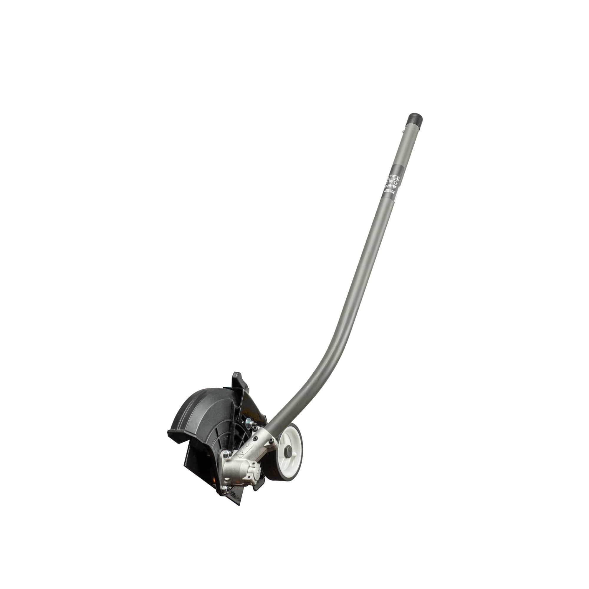 Angled view of the DEWALT DWOAS4ED Universal Lawn Edger Attachment showcasing the rugged gearbox and the 7-1/2 inch steel blade designed for clean, crisp lines along walkways and garden beds.