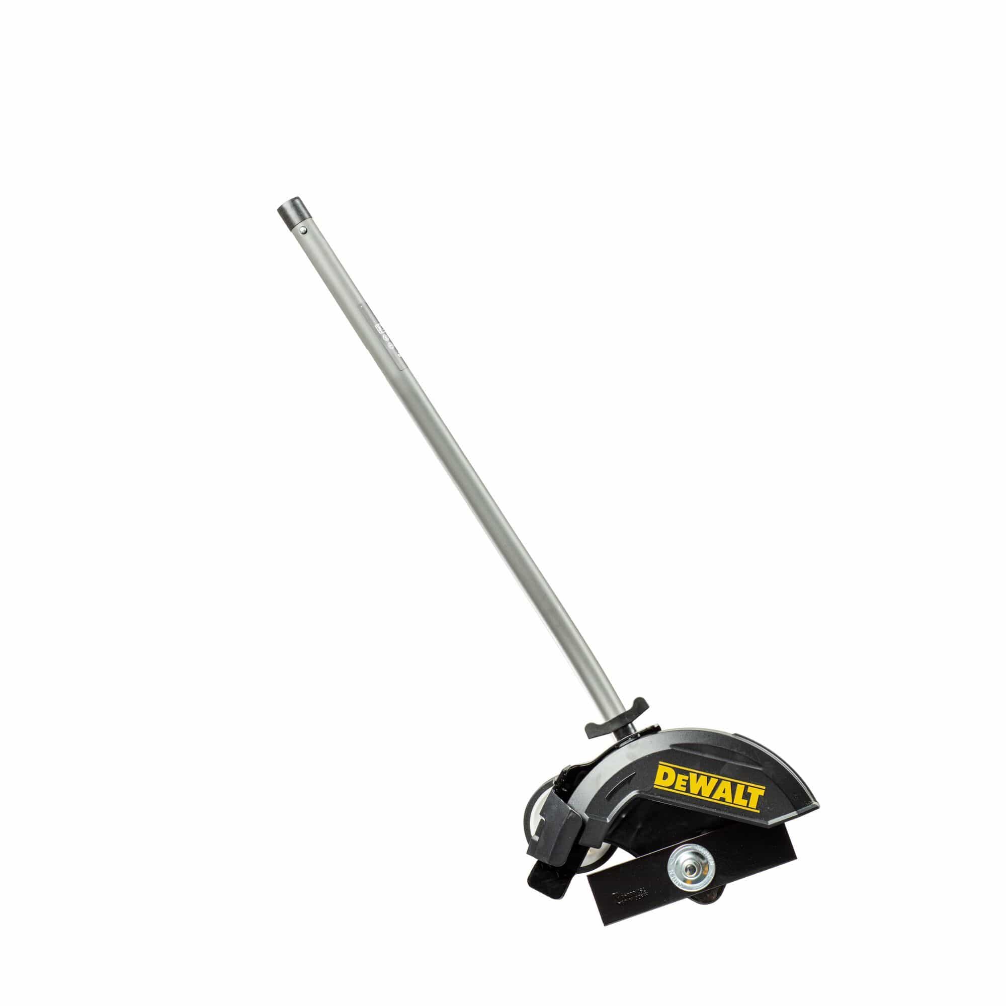 Bottom-side perspective of the DEWALT DWOAS4ED Edger Attachment highlighting the exposed 7.5-inch hardened steel blade and the heavy-duty mounting hardware used for professional landscaping applications.