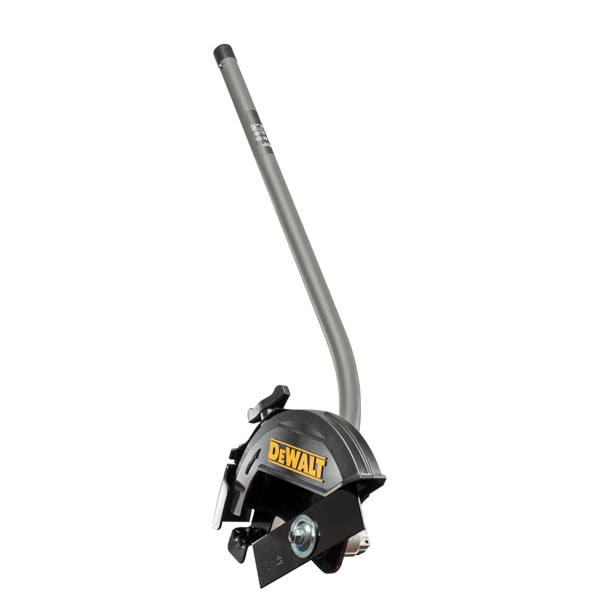 The DEWALT DWOAS4ED Edger Attachment shown from the operator's perspective, emphasizing the angled head design that provides a clear and easy viewing path for accurate lawn and sod edging.