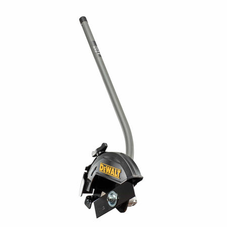 The DEWALT DWOAS4ED Edger Attachment shown from the operator's perspective, emphasizing the angled head design that provides a clear and easy viewing path for accurate lawn and sod edging.