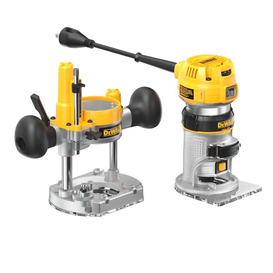 The DEWALT DWP611PK combo kit featuring the corded electric compact router motor installed in the clear fixed base alongside the interchangeable heavy-duty plunge base, designed for professional cabinetry and woodworking.