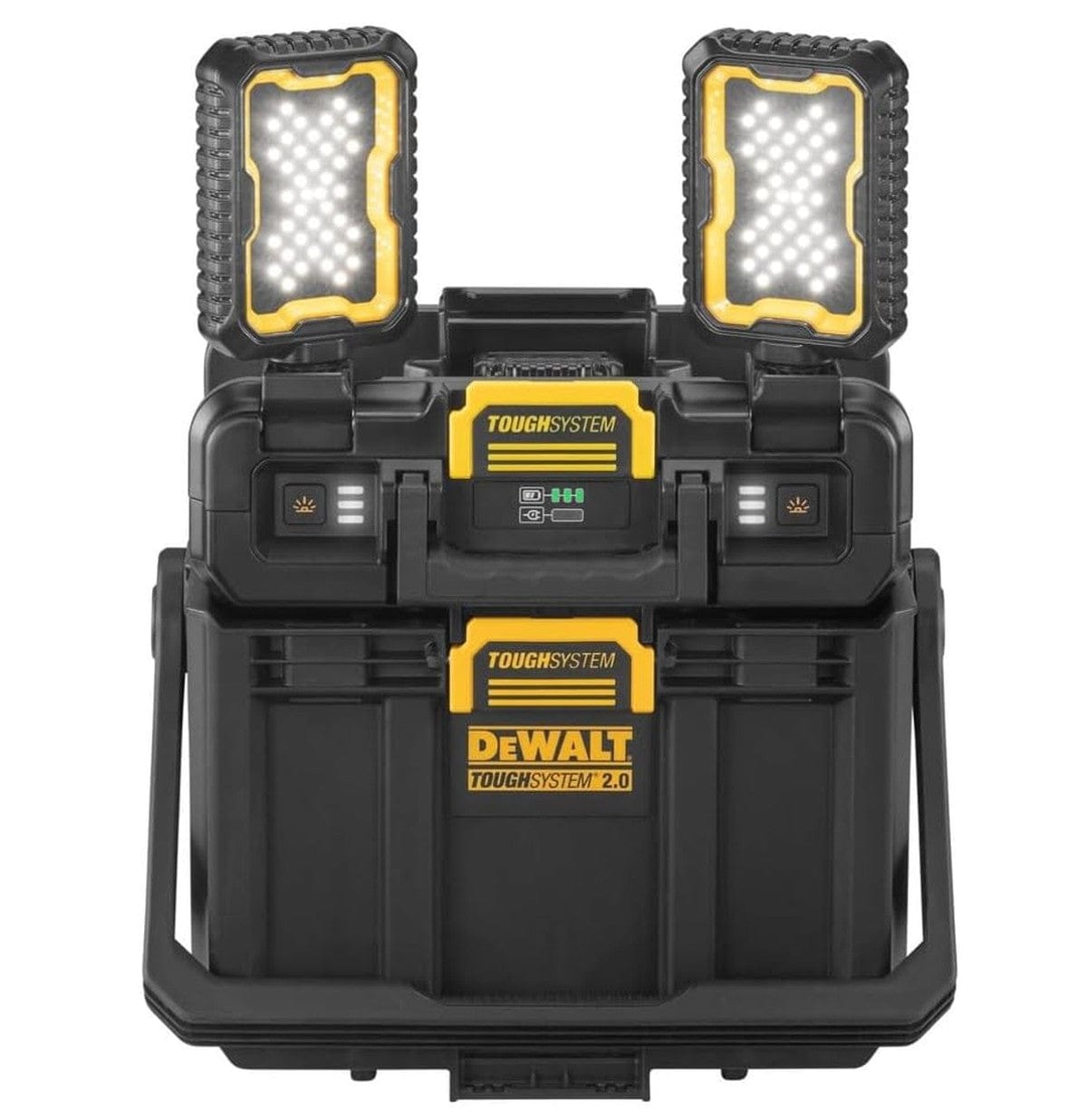 Front view of the DEWALT ToughSystem 2.0 20V MAX light box featuring two high-output pivoting LED heads and modular stacking latches for jobsite tool storage.
