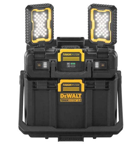 Front view of the DEWALT ToughSystem 2.0 20V MAX light box featuring two high-output pivoting LED heads and modular stacking latches for jobsite tool storage.