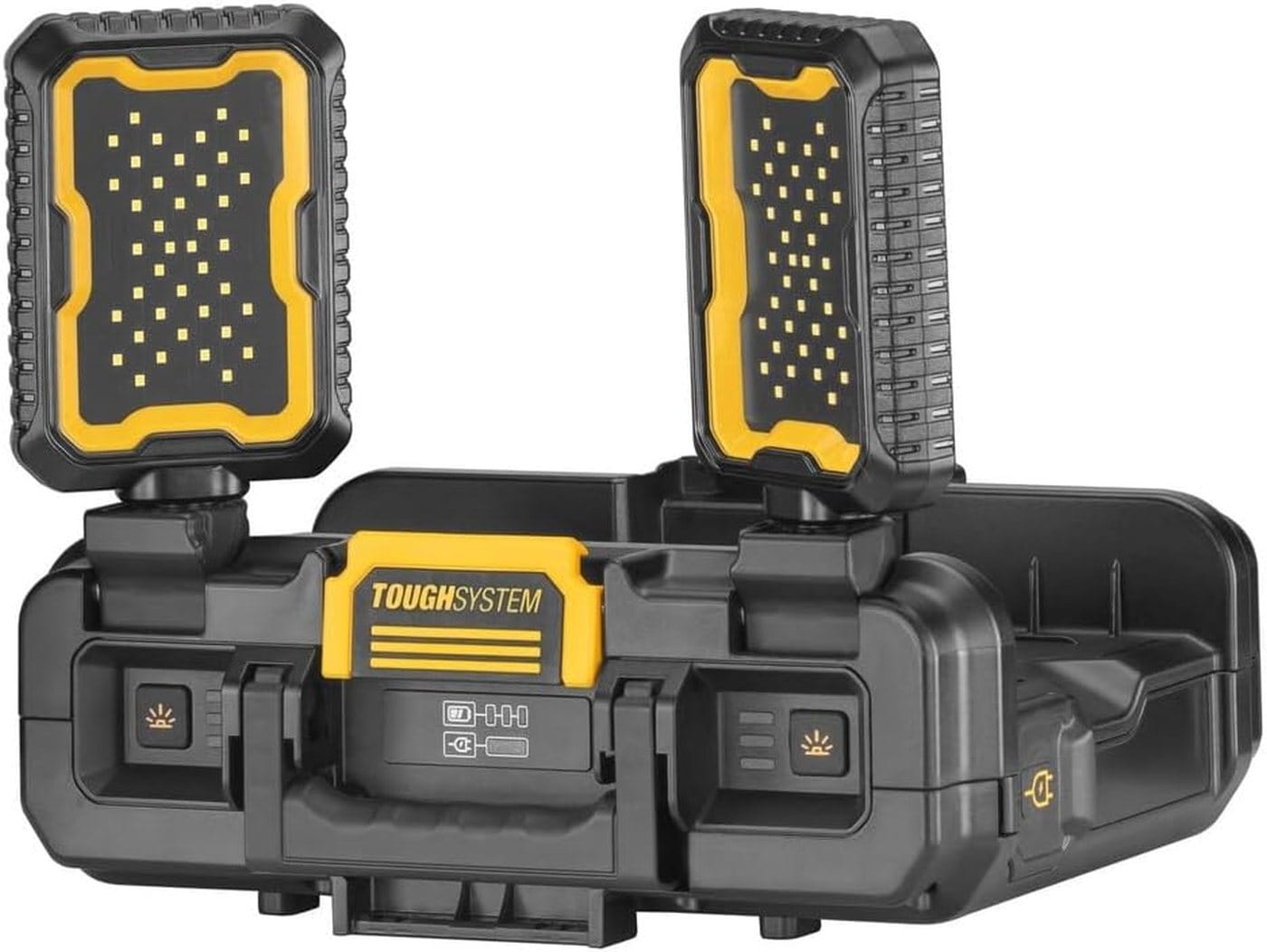 DEWALT ToughSystem 2.0 adjustable work light module showing two multi-directional LED light heads with 7 brightness modes for customized jobsite illumination.