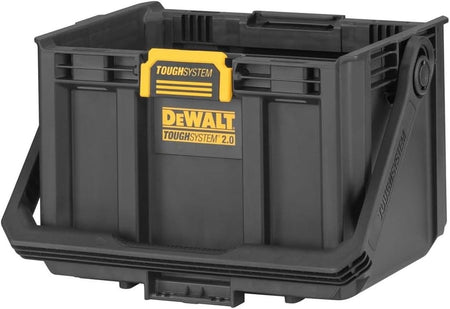 DEWALT ToughSystem 2.0 open tool storage tote featuring a durable folding handle and modular stacking capabilities for organized portable tool transport.