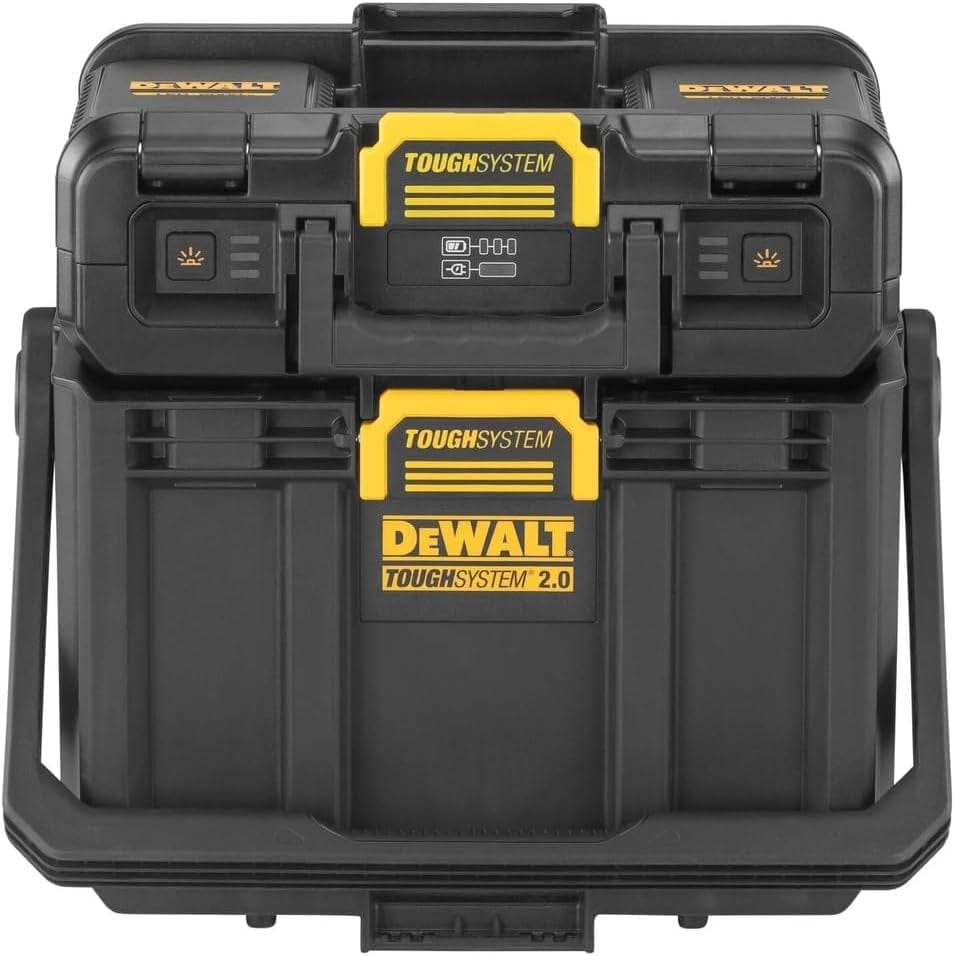 Compact storage view of the DEWALT ToughSystem 2.0 light box with the LED heads folded down, mounted on top of the matching open storage tote module.