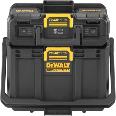 Compact storage view of the DEWALT ToughSystem 2.0 light box with the LED heads folded down, mounted on top of the matching open storage tote module.