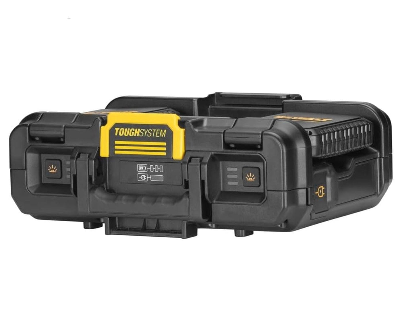 Close-up of the DEWALT ToughSystem 2.0 light box control panel, showing the battery power indicator and dual light power buttons for corded or cordless operation.
