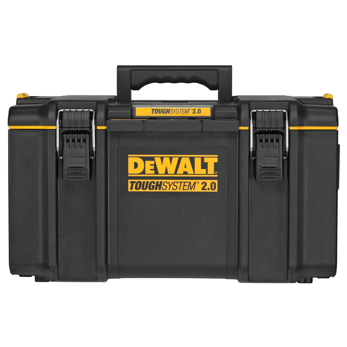 Front view of the DEWALT DWST08300 TOUGHSYSTEM 2.0 22-inch large tool box featuring heavy-duty metal front latches and an IP65 rated weather seal for industrial tool protection.