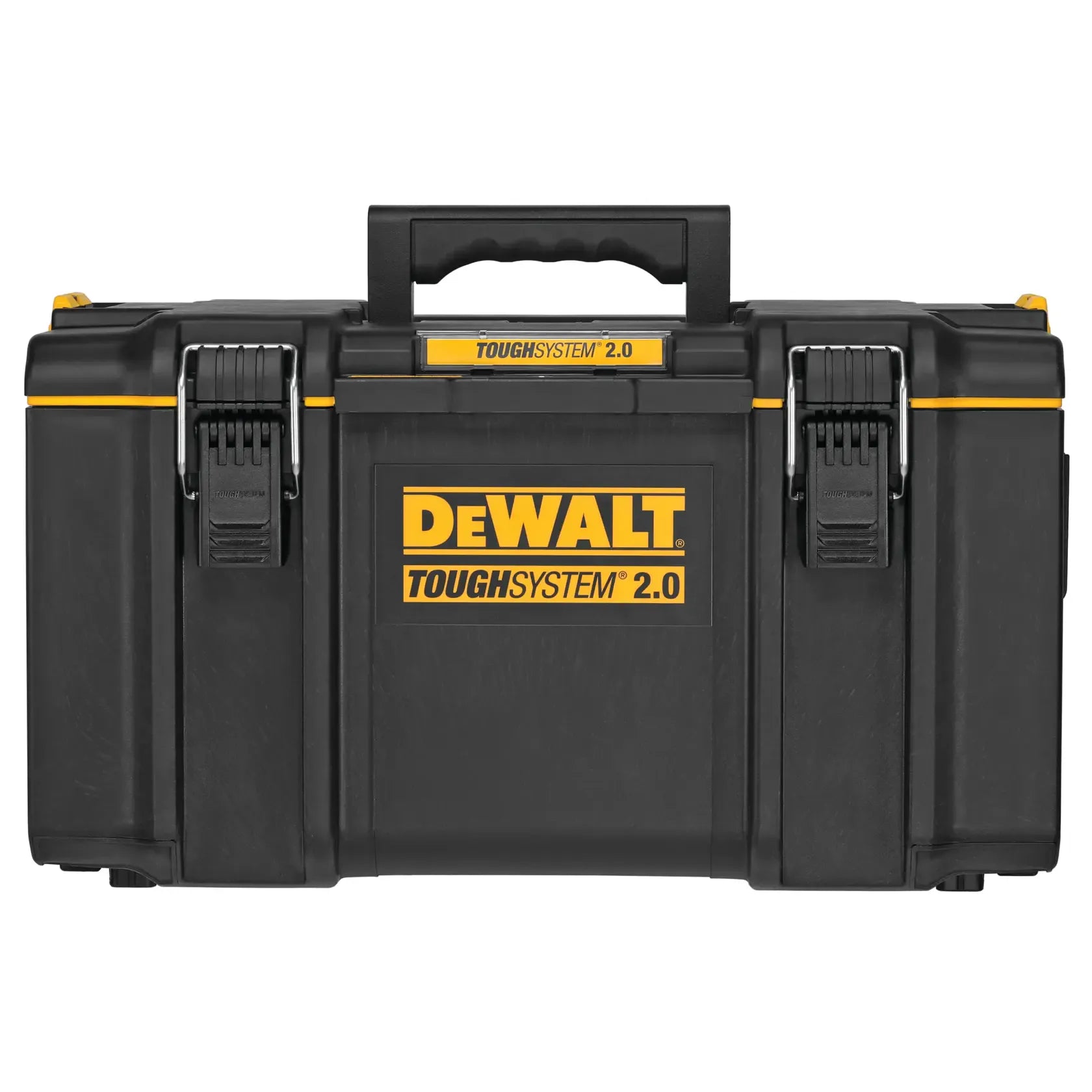Front view of the DEWALT DWST08300 TOUGHSYSTEM 2.0 22-inch large tool box featuring heavy-duty metal front latches and an IP65 rated weather seal for industrial tool protection.