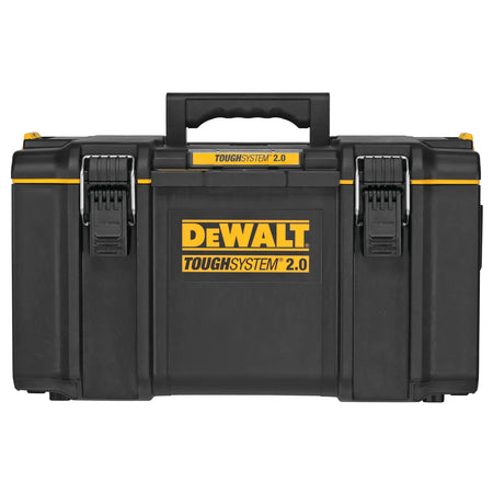 Front view of the DEWALT DWST08300 TOUGHSYSTEM 2.0 22-inch large tool box featuring heavy-duty metal front latches and an IP65 rated weather seal for industrial tool protection.