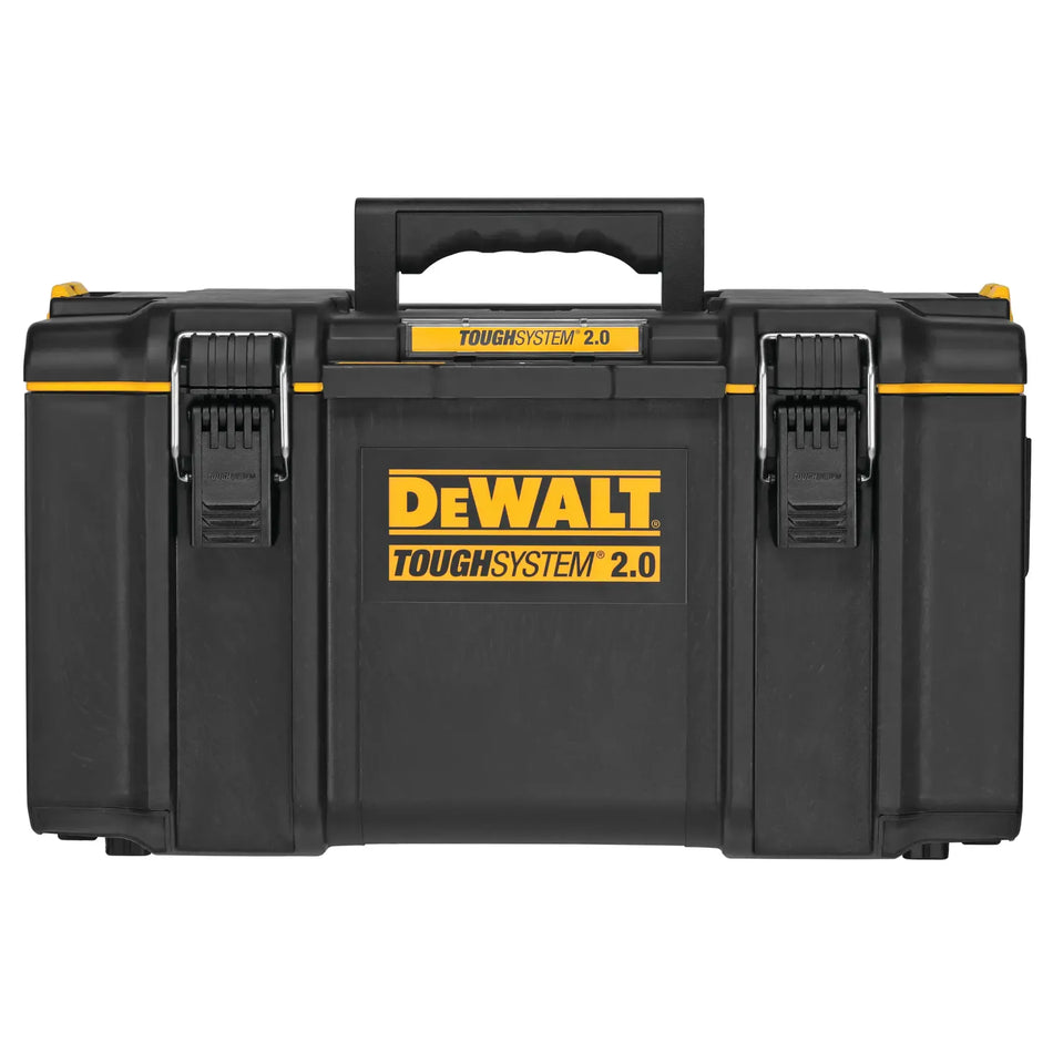 Front view of the DEWALT DWST08300 TOUGHSYSTEM 2.0 22-inch large tool box featuring heavy-duty metal front latches and an IP65 rated weather seal for industrial tool protection.