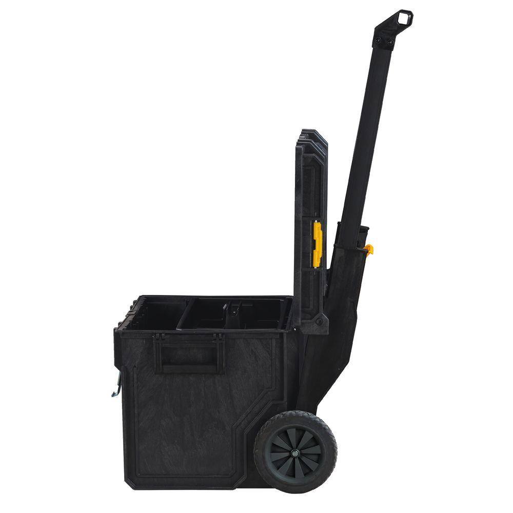 Side view of the DEWALT stackable large tool box with the lid open, illustrating the deep storage capacity and reinforced hinge design for long-lasting jobsite durability.