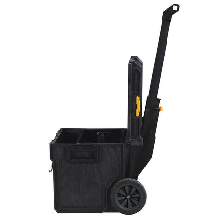 Side view of the DEWALT stackable large tool box with the lid open, illustrating the deep storage capacity and reinforced hinge design for long-lasting jobsite durability.