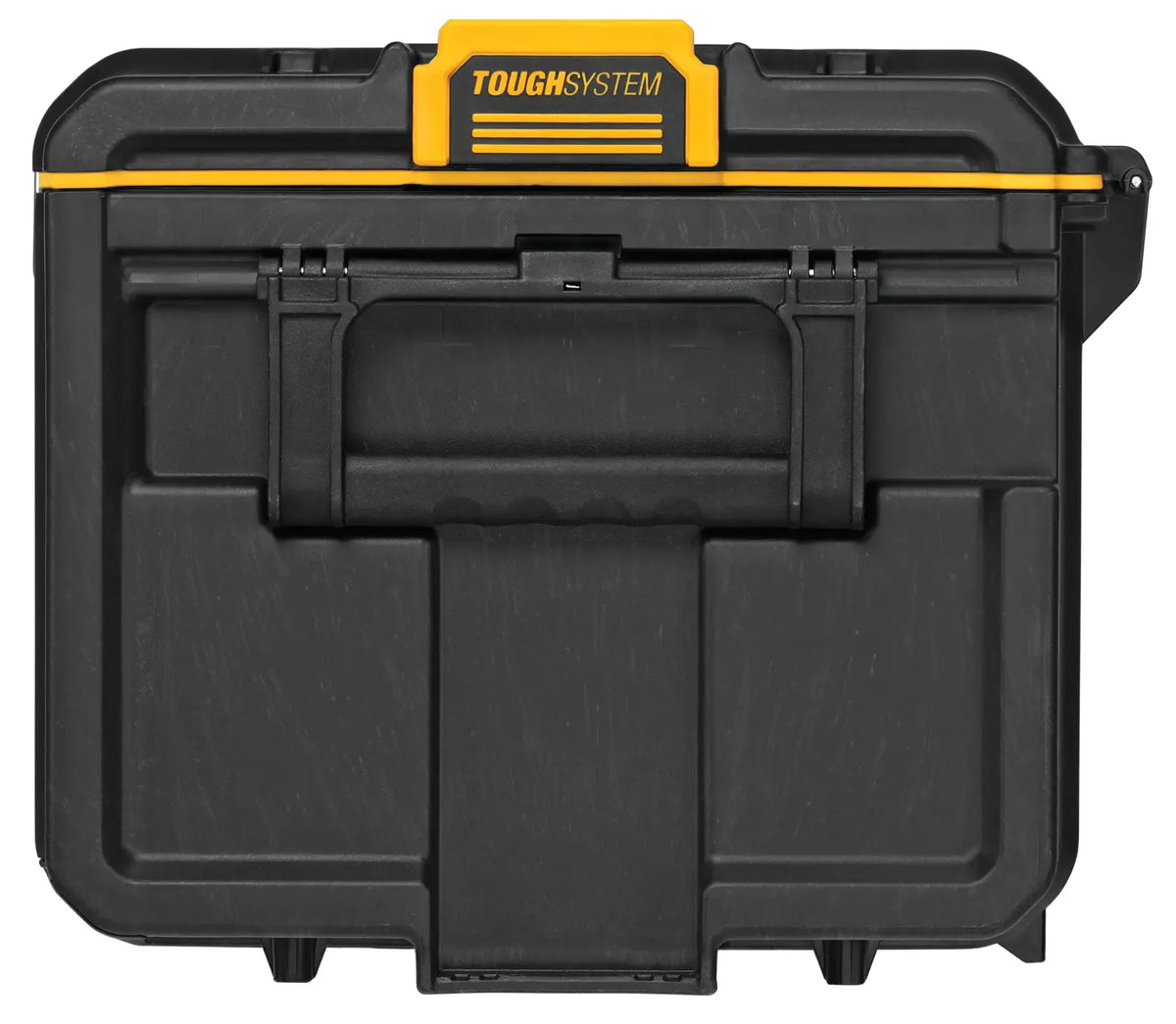Top-down view of the DEWALT large stackable storage case showcasing the integrated carry handle and the yellow TOUGHSYSTEM auto-connect side latch for modular tower attachment.