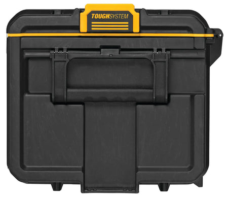 Top-down view of the DEWALT large stackable storage case showcasing the integrated carry handle and the yellow TOUGHSYSTEM auto-connect side latch for modular tower attachment.