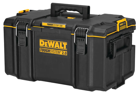 Angled view of the DEWALT TOUGHSYSTEM 2.0 large tool box highlighting the high-impact structural walls and side handles designed for easy transport on rugged jobsites.