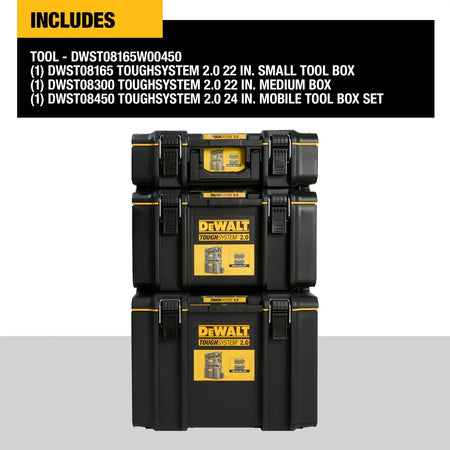 A modular stack of DEWALT TOUGHSYSTEM 2.0 storage units including the small tool box, medium box, and the DWST08300 large tool box as part of a complete mobile tool tower.