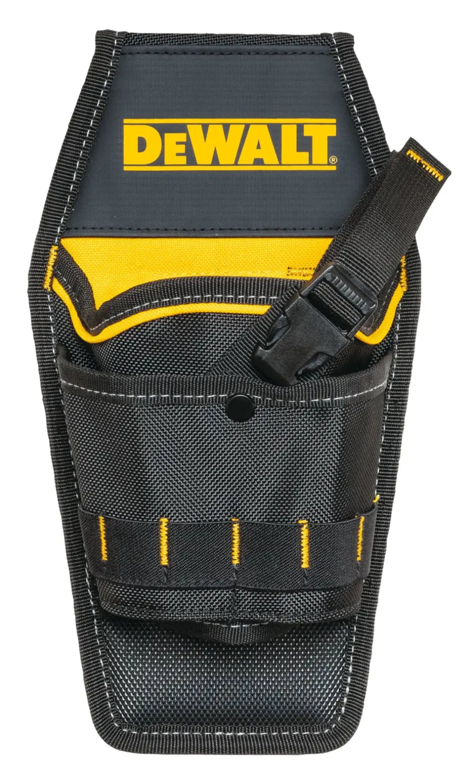 A front studio shot of the DEWALT DWST540502 professional drill holster. The image highlights the heavy-duty 1680 denier black ballistic nylon construction, the signature yellow DEWALT branding, and the integrated quick-release security buckle designed to hold cordless drills firmly in place.