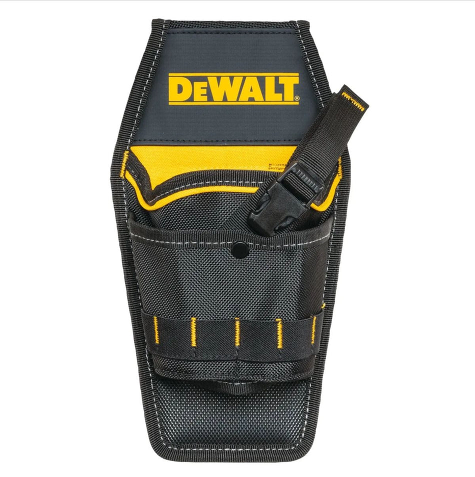 A front studio shot of the DEWALT DWST540502 professional drill holster. The image highlights the heavy-duty 1680 denier black ballistic nylon construction, the signature yellow DEWALT branding, and the integrated quick-release security buckle designed to hold cordless drills firmly in place.
