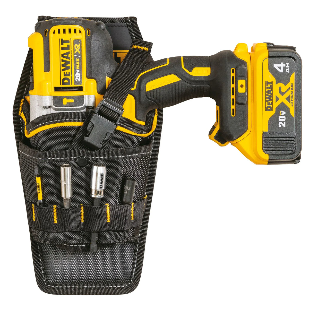 A studio shot of the DEWALT professional drill holster with a 20V MAX XR cordless drill and 4.0Ah battery inserted. The view emphasizes the various external tool sleeves filled with drill bits, driver extensions, and a 1/4-inch nut driver, showcasing the 13-pocket organization system.