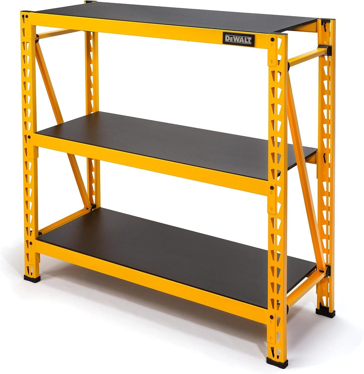 Angled studio shot of the yellow and black DEWALT 3-shelf industrial storage rack fully assembled with empty shelves.