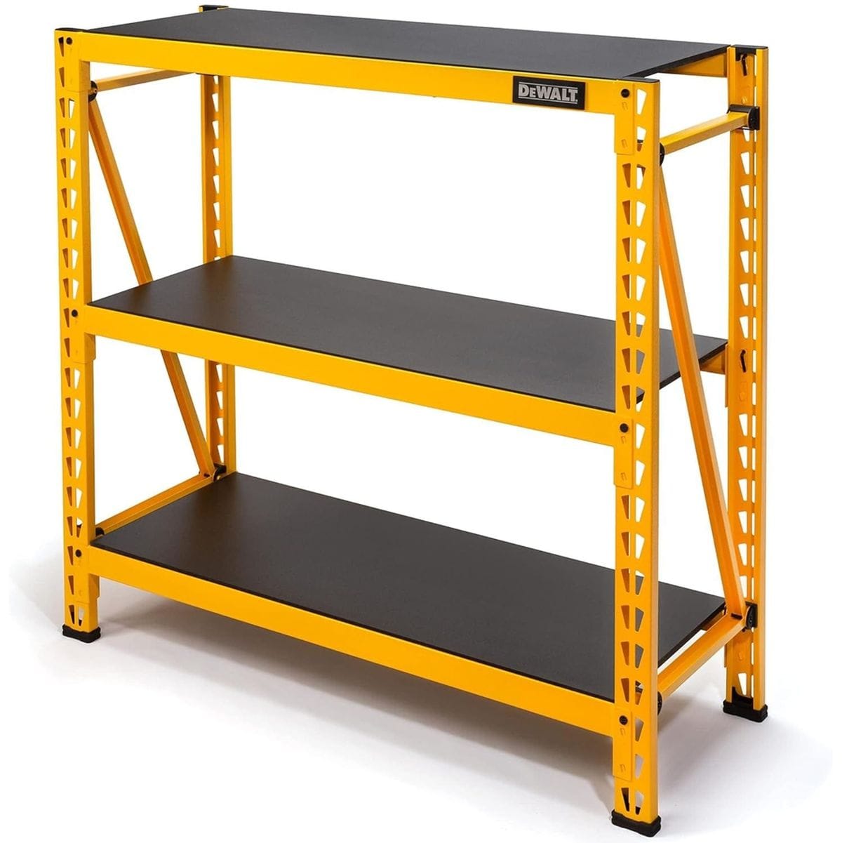 Angled studio shot of the yellow and black DEWALT 3-shelf industrial storage rack fully assembled with empty shelves.
