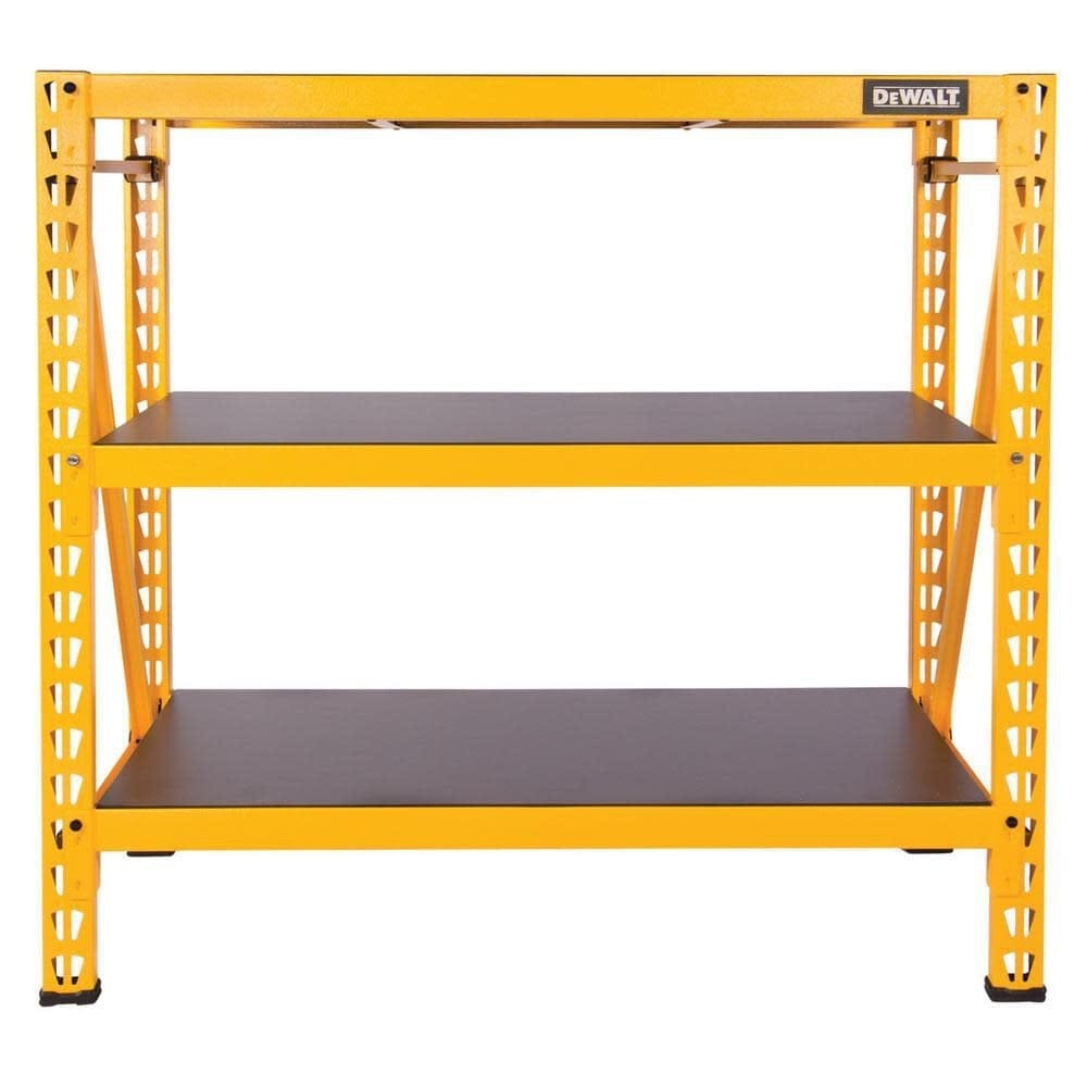 Front straight-on view of the empty storage rack showing the spacing between the three black laminate wood composite decks.